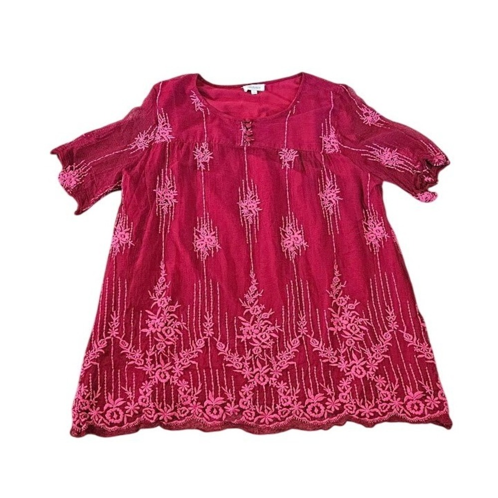 Sundance Women Red Pink Embroidered Cupro Tunic Blouse Top Large Boho